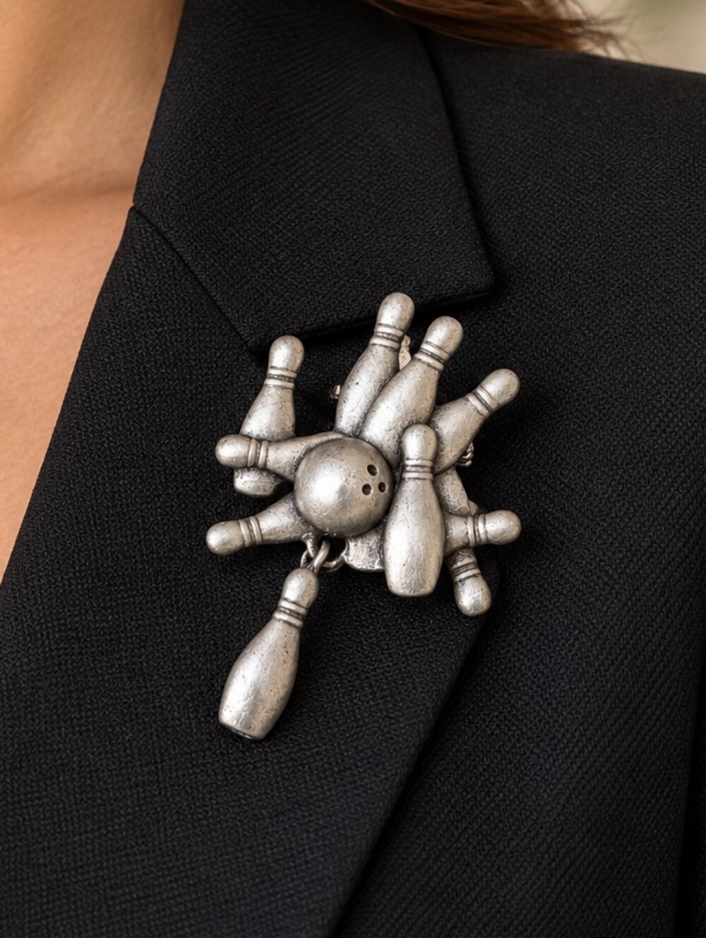 Vintage Spoontiques Pewter Bowling Pins & Ball Brooch Pin